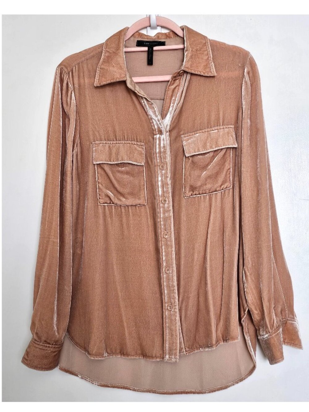 BCBGMaxAzria Anderson Velvet Long Sleeve Button Up Shirt S Peach